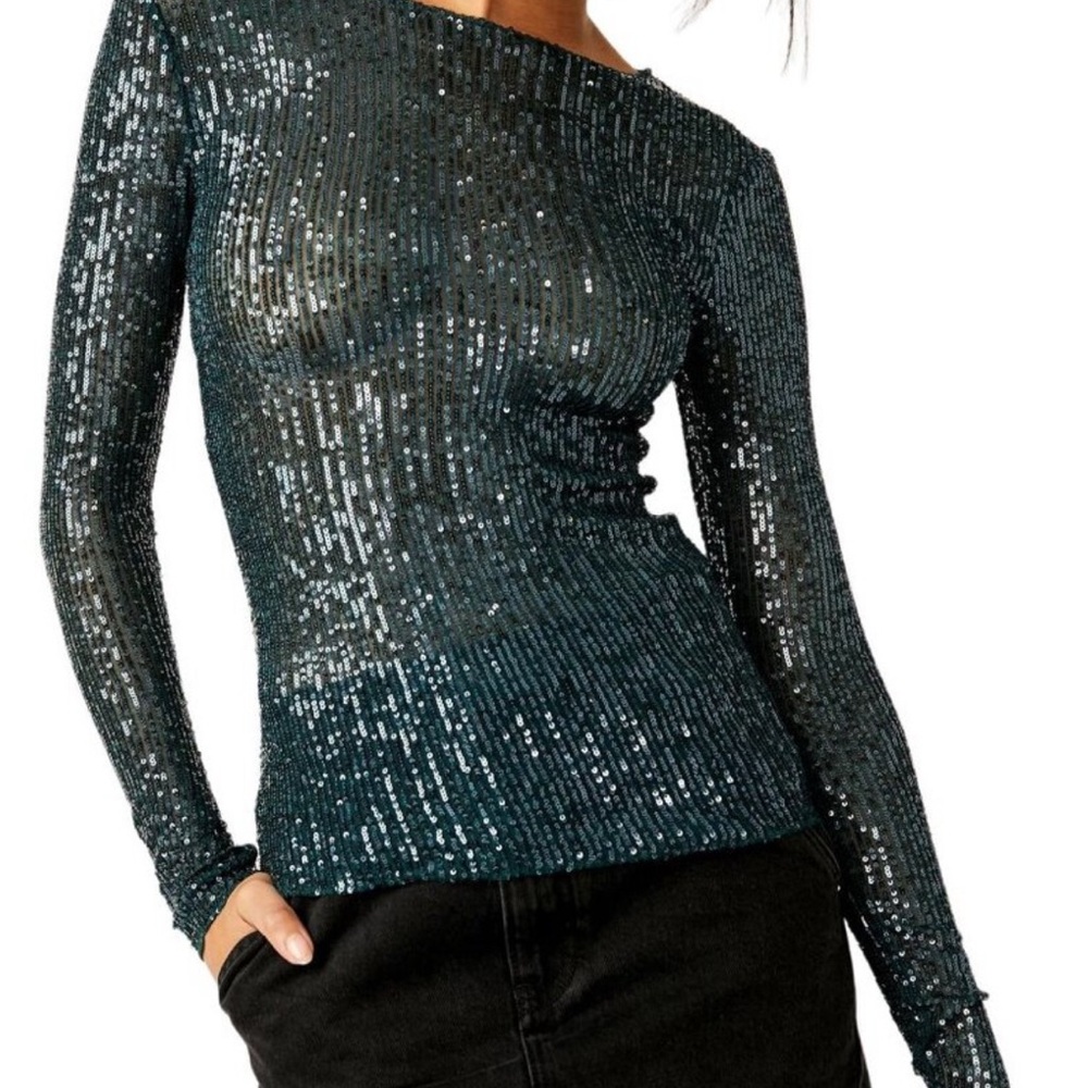 Free People Gold Rush Sparkling Green Long Sleeve top - Picture 5 of 6